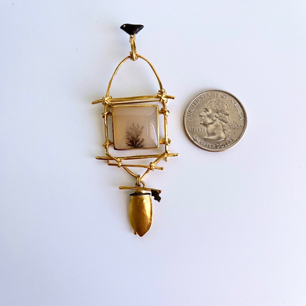 18K and 22K gold brooch with dendritic agate and bird - Picture 12 of 12